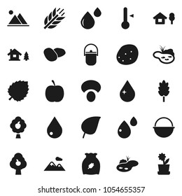 Flat vector icon set - water drop vector, camping cauldron, thermometer, cereal, mushroom, potato, leaf, diet, cereals, blood, chalet, pond, fruit tree, mountain, flower in pot
