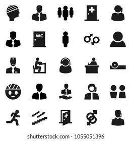 Flat vector icon set - water closet vector, student, manager, man, stairways run, support, client, gender sign, eye doctor hat, head bandage, medical room, consumer