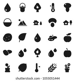 Flat vector icon set - water drop vector, camping cauldron, thermometer, mushroom, potato, leaf, diet, cereals, blood, chalet, pond, fruit tree, mountain, flower in pot