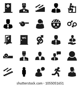 Flat vector icon set - water closet vector, student, manager, man, stairways run, support, client, speaking, doctor, gender sign, eye hat, head bandage, medical room, consumer