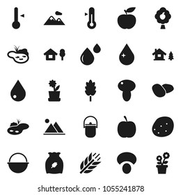Flat vector icon set - water drop vector, camping cauldron, thermometer, cereal, mushroom, potato, diet, cereals, blood, chalet, pond, fruit tree, mountain, flower in pot