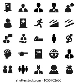 Flat vector icon set - water closet vector, manager, man, stairways run, support, client, speaking, doctor, gender sign, eye hat, head bandage, medical room, consumer