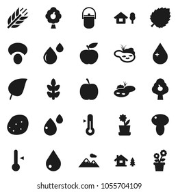 Flat vector icon set - water drop vector, camping cauldron, thermometer, mushroom, potato, leaf, diet, cereals, blood, chalet, pond, fruit tree, mountain, flower in pot
