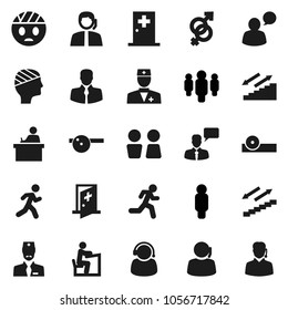 Flat vector icon set - water closet vector, student, man, stairways run, support, client, speaking, doctor, gender sign, eye hat, head bandage, medical room
