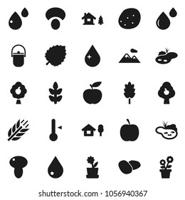 Flat vector icon set - water drop vector, camping cauldron, thermometer, cereal, mushroom, potato, leaf, diet, cereals, blood, chalet, pond, fruit tree, mountain, flower in pot