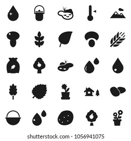 Flat vector icon set - water drop vector, camping cauldron, thermometer, cereal, mushroom, potato, leaf, cereals, blood, chalet, pond, fruit tree, mountain, flower in pot
