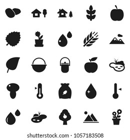 Flat vector icon set - water drop vector, camping cauldron, thermometer, cereal, mushroom, potato, leaf, diet, cereals, blood, chalet, pond, fruit tree, mountain, flower in pot