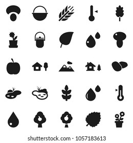 Flat vector icon set - water drop vector, camping cauldron, thermometer, cereal, mushroom, potato, leaf, diet, cereals, blood, chalet, pond, fruit tree, mountain, flower in pot