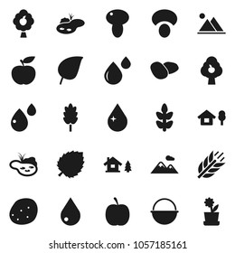 Flat vector icon set - water drop vector, camping cauldron, cereal, mushroom, potato, leaf, diet, cereals, blood, chalet, pond, fruit tree, mountain, flower in pot