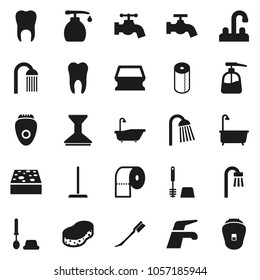 Flat vector icon set - water tap vector, mop, sponge, car fetlock, bath, toilet brush, liquid soap, paper, shower, tooth, epilator