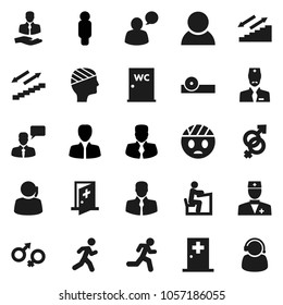 Flat vector icon set - water closet vector, student, manager, man, stairways run, support, client, speaking, doctor, gender sign, eye hat, head bandage, medical room, consumer