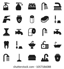 Flat vector icon set - water tap vector, fetlock, mop, sponge, car, bath, toilet brush, liquid soap, paper, shower, sink, tooth, epilator