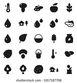 Flat vector icon set - water drop vector, camping cauldron, thermometer, cereal, mushroom, potato, leaf, diet, cereals, blood, chalet, pond, fruit tree, flower in pot