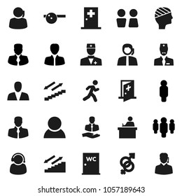 Flat vector icon set - water closet vector, student, manager, man, stairways run, support, client, doctor, gender sign, eye hat, head bandage, medical room, consumer