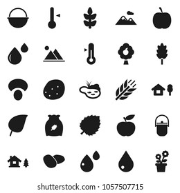 Flat vector icon set - water drop vector, camping cauldron, thermometer, cereal, mushroom, potato, leaf, diet, cereals, blood, chalet, pond, fruit tree, mountain, flower in pot
