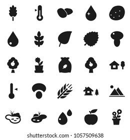 Flat vector icon set - water drop vector, thermometer, cereal, mushroom, potato, leaf, diet, cereals, blood, chalet, pond, fruit tree, mountain, flower in pot