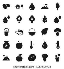 Flat vector icon set - water drop vector, camping cauldron, thermometer, cereal, mushroom, potato, leaf, diet, cereals, blood, chalet, pond, fruit tree, mountain, flower in pot