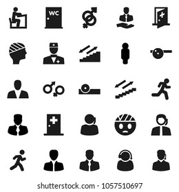 Flat vector icon set - water closet vector, student, manager, man, stairways run, support, client, doctor, gender sign, eye hat, head bandage, medical room, consumer