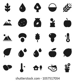 Flat vector icon set - water drop vector, camping cauldron, thermometer, cereal, mushroom, potato, leaf, diet, cereals, blood, chalet, pond, fruit tree, mountain, flower in pot