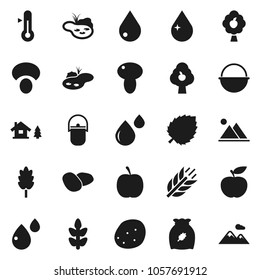 Flat vector icon set - water drop vector, camping cauldron, thermometer, cereal, mushroom, potato, leaf, diet, cereals, blood, chalet, pond, fruit tree, mountain