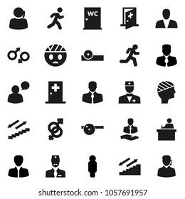 Flat vector icon set - water closet vector, student, manager, man, stairways run, support, client, speaking, doctor, gender sign, eye hat, head bandage, medical room, consumer