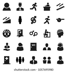 Flat vector icon set - water closet vector, student, man, stairways run, support, client, gender sign, eye doctor hat, head bandage, medical room, consumer