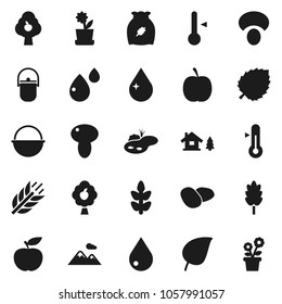 Flat vector icon set - water drop vector, camping cauldron, thermometer, cereal, mushroom, potato, leaf, diet, cereals, blood, chalet, pond, fruit tree, mountain, flower in pot