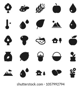 Flat vector icon set - water drop vector, camping cauldron, thermometer, cereal, mushroom, potato, leaf, diet, cereals, blood, chalet, pond, fruit tree, mountain, flower in pot