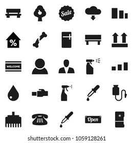 Flat vector icon set - water drop vector, welcome mat, sprayer, percent growth, top sign, sorting, classic phone, dropper, broken bone, counter, lan connector, bench, cloud download, fruit tree