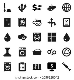 Flat vector icon set - water drop vector, car fetlock, window cleaning, toilet brush, washer, foam basin, shining, exchange, monitor dollar, route, internet, gender sign, cloud lock, arrow, pond