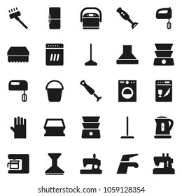 Flat vector icon set - water tap vector, vacuum cleaner, mop, bucket, sponge, car fetlock, rubber glove, kettle, double boiler, blender, fridge, washer, dishwasher, mixer, coffee maker, hood