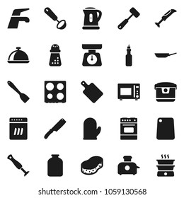 Flat vector icon set - water tap vector, sponge, pan, kettle, scales, cook glove, spatula, ladle, knife, meat hammer, cutting board, hand mill, microwave oven, dish, jar, oil, dishwasher, toaster