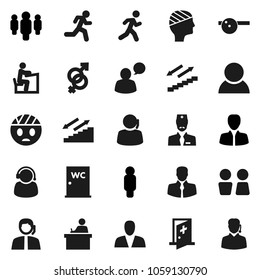 Flat vector icon set - water closet vector, student, manager, man, stairways run, support, client, speaking, gender sign, eye doctor hat, head bandage, medical room, consumer