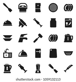 Flat vector icon set - water tap vector, plates, sink, kettle, colander, spatula, rolling pin, meat hammer, cutting board, blender, sieve, dish, jar, dishwasher, fridge, multi cooker