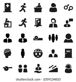 Flat vector icon set - water closet vector, student, manager, man, stairways run, support, client, speaking, gender sign, eye doctor hat, head bandage, medical room, consumer
