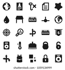 Flat vector icon set - water drop vector, splotch, thermometer, backpack, world, document, personal information, dollar flag, weight, target, route, earth, no hook, speaker, connect, lan connector