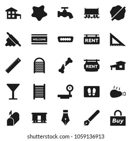 Flat vector icon set - water tap vector, splotch, welcome mat, washboard, rolling pin, chicken leg, pen, corner ruler, Railway carriage, glass, big scales, hdmi, broken bone, cottage, rent signboard