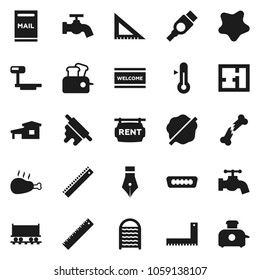 Flat vector icon set - water tap vector, splotch, welcome mat, washboard, rolling pin, thermometer, chicken leg, pen, corner ruler, Railway carriage, big scales, hdmi, broken bone, cottage, mailbox