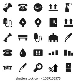 Flat vector icon set - water drop vector, welcome mat, sprayer, percent growth, top sign, sorting, classic phone, magnifier, dropper, broken bone, counter, lan connector, bench, fruit tree, fridge
