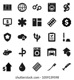 Flat vector icon set - water drop vector, car fetlock, window cleaning, toilet brush, washer, shining, dollar growth, medal, monitor, route, internet, ambulance star, gender sign, pills blister