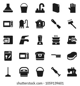 Flat vector icon set - water tap vector, vacuum cleaner, fetlock, mop, bucket, sponge, washing powder, rubber glove, spatula, microwave oven, dishwasher, coffee maker, hood, multi cooker, blender