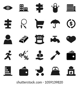 Flat vector icon set - water tap vector, kettle, apron, meat hammer, exchange, gold ingot, wallet, jump rope, run, signpost, client, umbrella, heart, eye, user, apartments, crib, building, cart