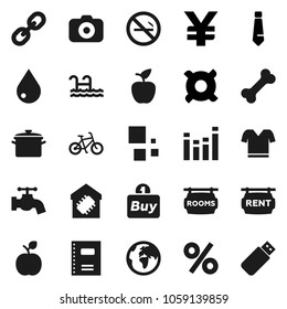 Flat vector icon set - water drop vector, tap, pan, copybook, apple fruit, tie, any currency, yen sign, bike, t shirt, no smoking, bone, earth, camera, equalizer, link, loading, pool, rent signboard