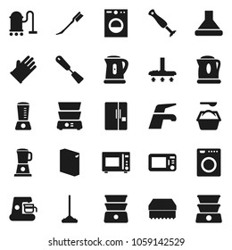 Flat vector icon set - water tap vector, vacuum cleaner, mop, sponge, car fetlock, washing powder, rubber glove, kettle, spatula, microwave oven, double boiler, fridge, washer, coffee maker, hood