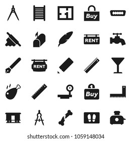 Flat vector icon set - water tap vector, welcome mat, washboard, rolling pin, chicken leg, pen, pencil, corner ruler, drawing compass, glass, big scales, Railway carriage, hdmi, broken bone, plan