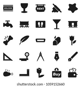 Flat vector icon set - water tap vector, splotch, welcome mat, rolling pin, chicken leg, pen, corner ruler, drawing compass, Railway carriage, glass, tulip, big scales, hdmi, broken bone, mailbox