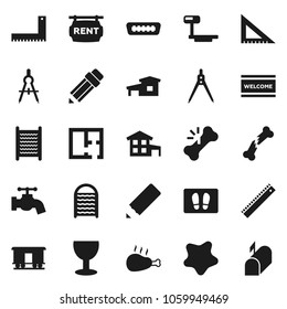 Flat vector icon set - water tap vector, splotch, welcome mat, washboard, chicken leg, pencil, corner ruler, drawing compass, glass, big scales, Railway carriage, hdmi, broken bone, cottage, plan