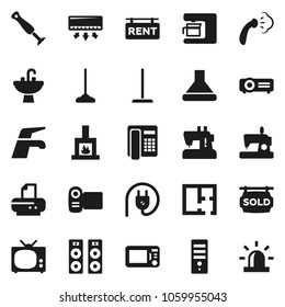 Flat vector icon set - water tap vector, mop, steaming, sink, plan, rent signboard, sold, fireplace, tv, power plug, coffee maker, hood, microwave oven, blender, air conditioner, video camera, phone