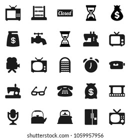 Flat vector icon set - water tap vector, washboard, kettle, glasses, alarm clock, abacus, money bag, sand, film frame, tv, video camera, microphone, classic phone, fridge, closed, sewing machine