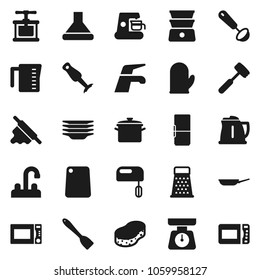 Flat vector icon set - water tap vector, sponge, plates, pan, kettle, measuring cup, scales, cook glove, press, spatula, ladle, rolling pin, meat hammer, cutting board, grater, microwave oven, mixer
